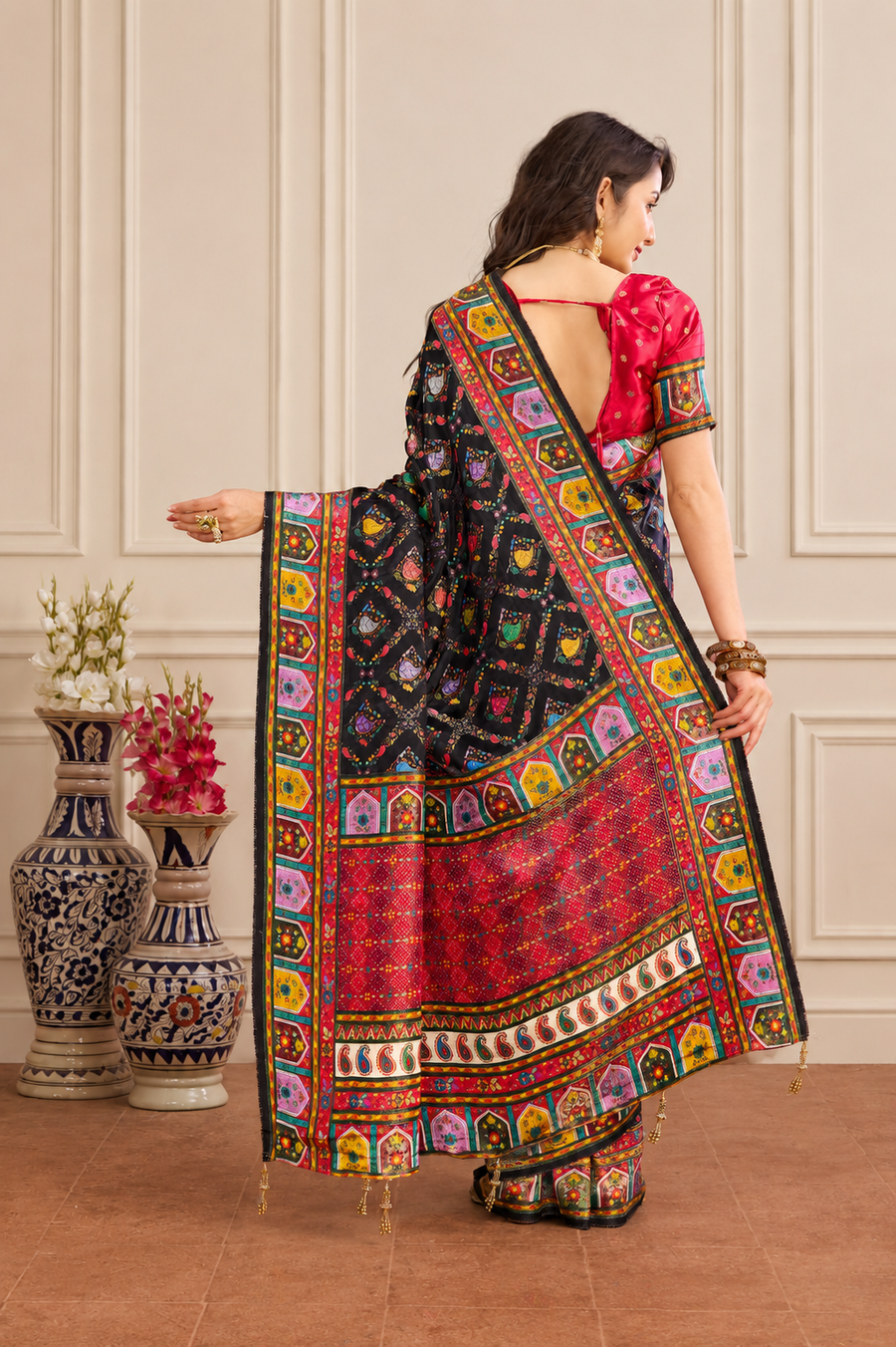 Black Satin Silk Patola Saree