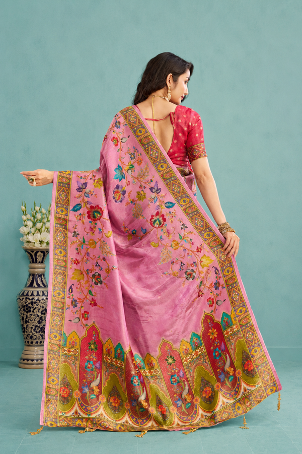 Pink Viscose Tissue Silk Saree
