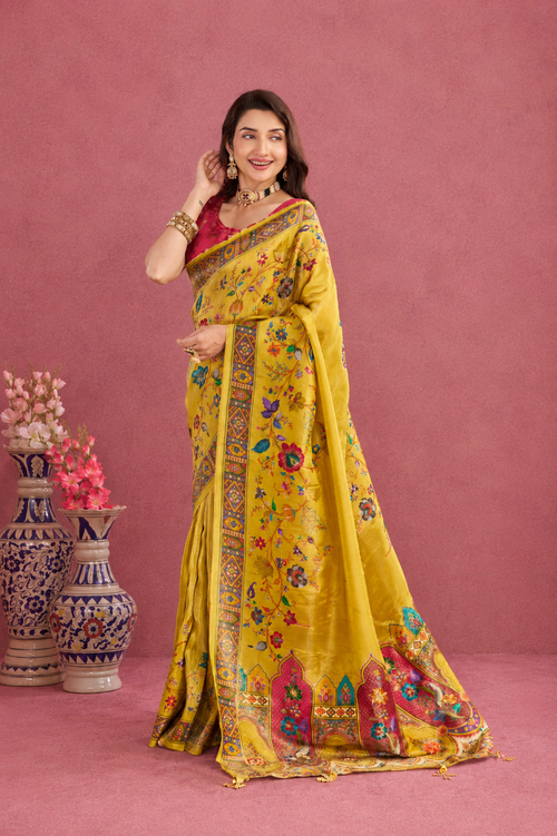 Mustard Yellow Viscose Tissue Silk Saree
