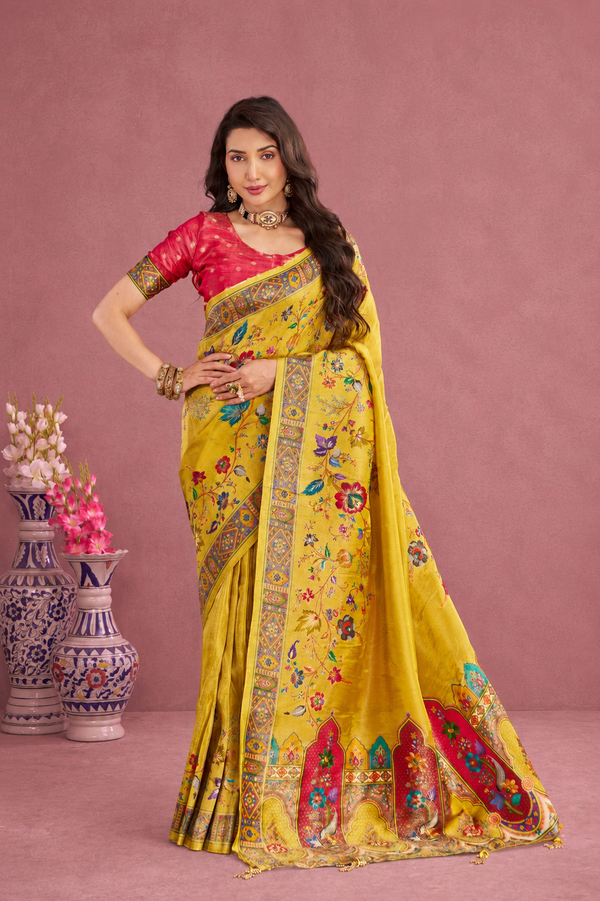 Mustard Yellow Viscose Tissue Silk Saree