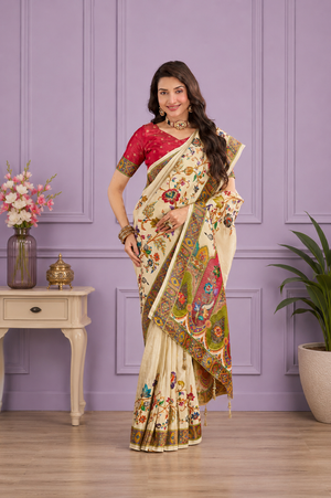 Off White Viscose Tissue Silk Saree