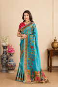 Turquoise Blue Viscose Tissue Saree