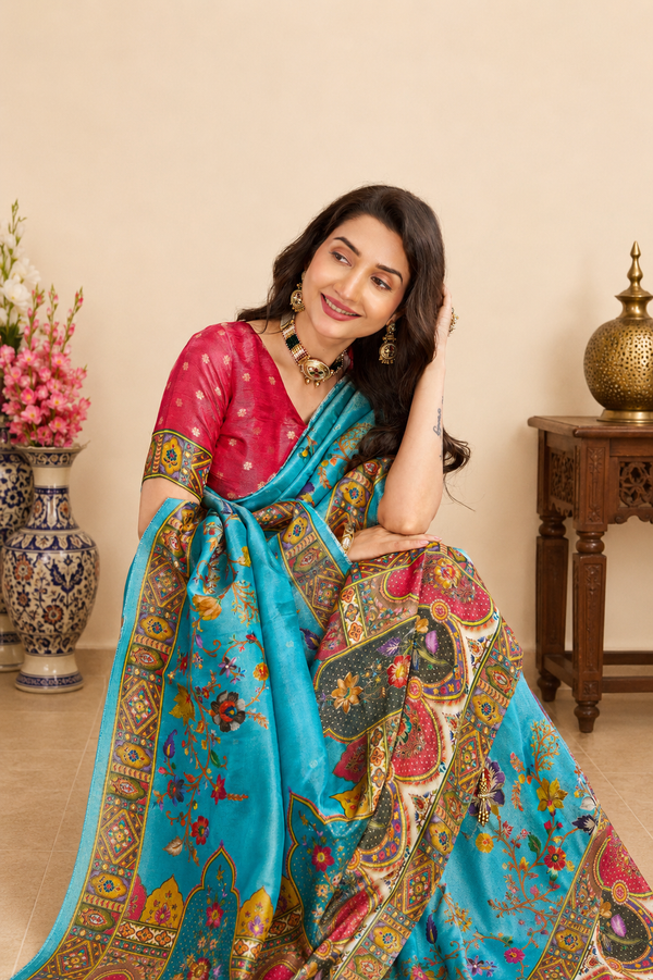 Turquoise Blue Viscose Tissue Saree
