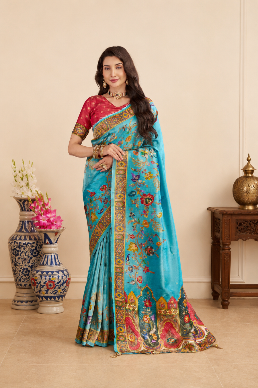 Turquoise Blue Viscose Tissue Saree
