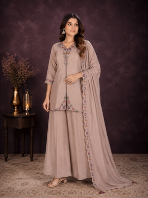 Muted Beige Pure Natural Crepe Festive Palazzo Set