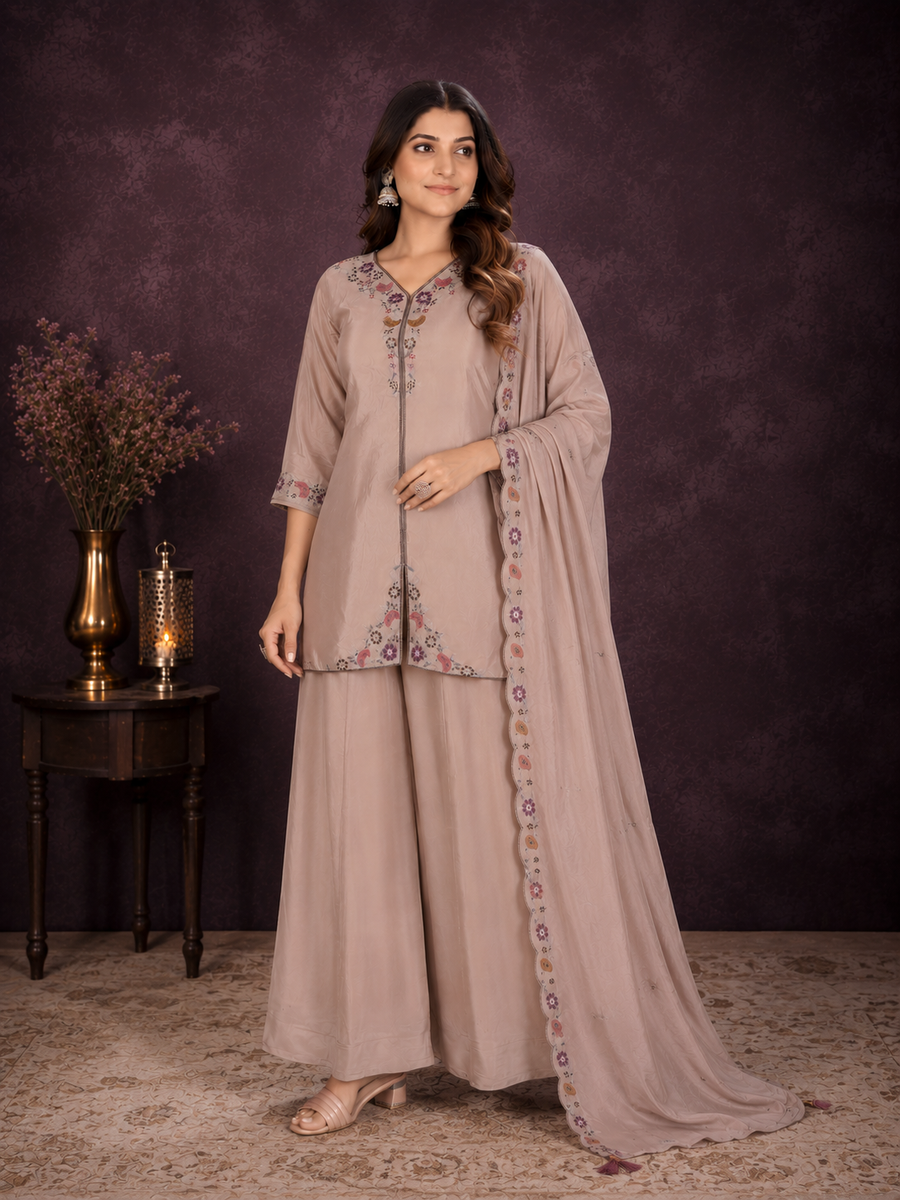 Muted Beige Pure Natural Crepe Festive Palazzo Set