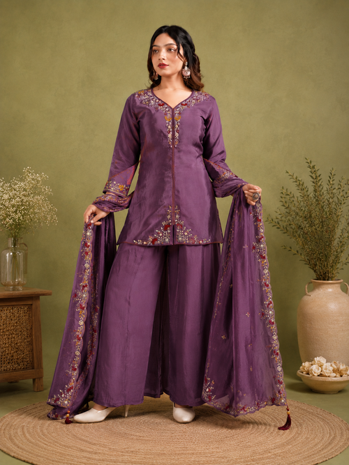 Regal Purple Pure Natural Crepe Palazzo Suit Set