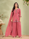Onion Pink Pure Natural Crepe Embroidered Palazzo Set