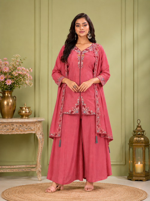 Onion Pink Pure Natural Crepe Embroidered Palazzo Set