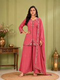 Onion Pink Pure Natural Crepe Embroidered Palazzo Set
