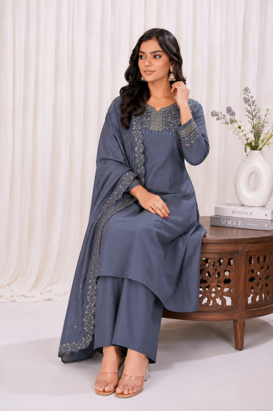 Steel Blue Roman Silk Embroidered Anarkali Suit Set