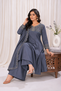 Steel Blue Roman Silk Embroidered Anarkali Suit Set