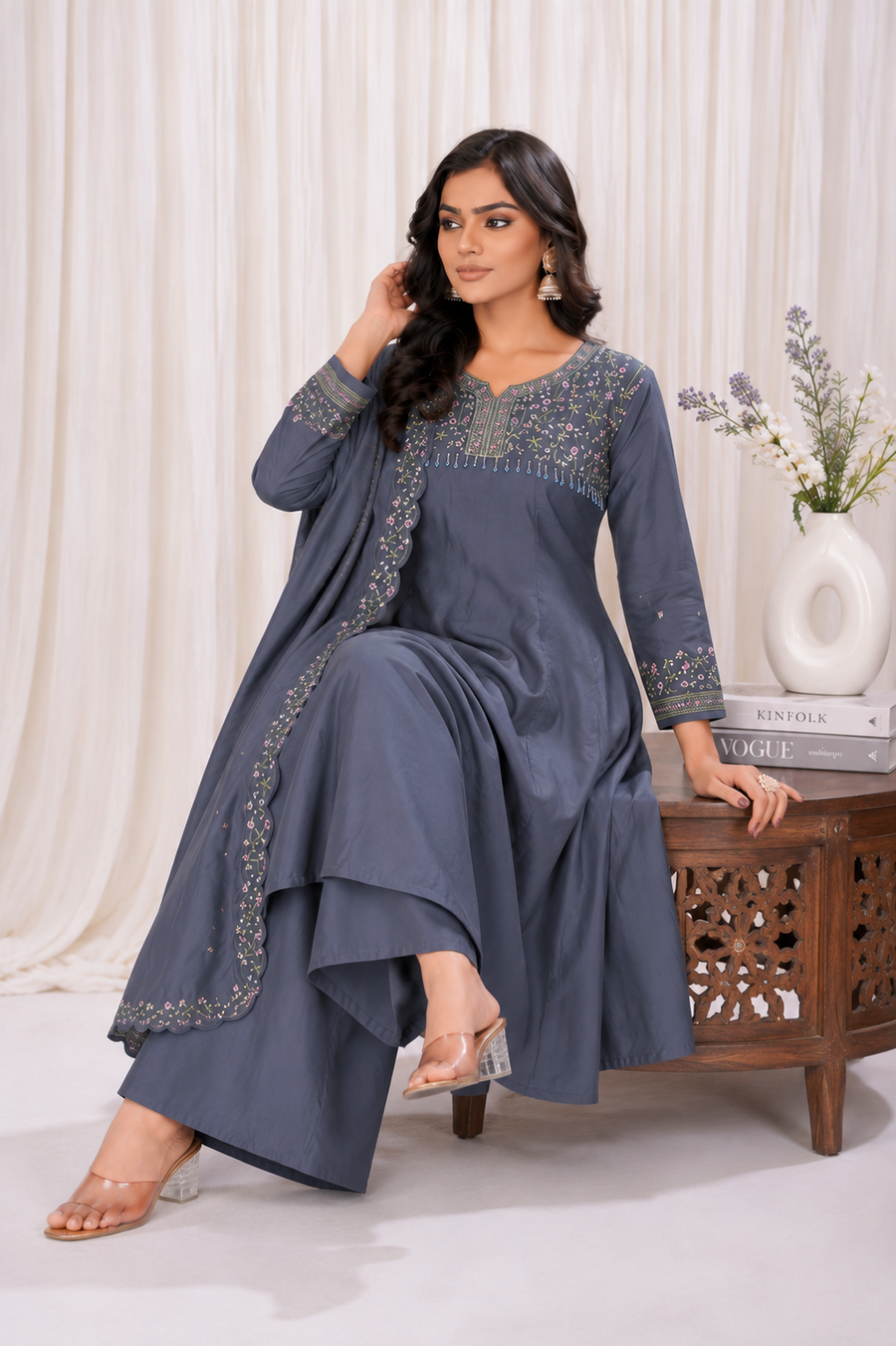 Steel Blue Roman Silk Embroidered Anarkali Suit Set