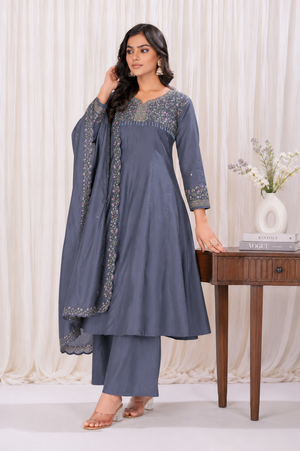 Steel Blue Roman Silk Embroidered Anarkali Suit Set