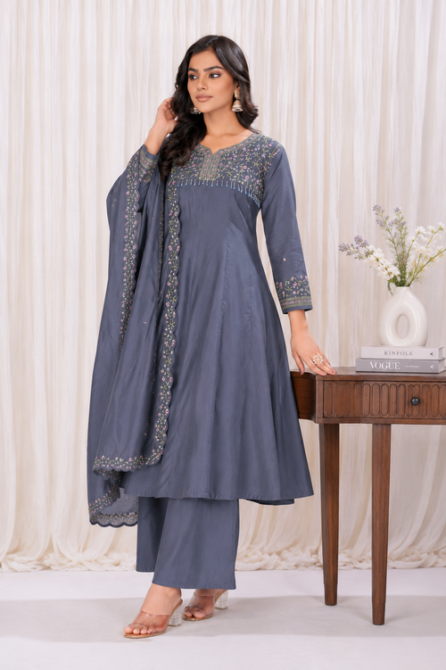 Steel Blue Roman Silk Embroidered Anarkali Suit Set