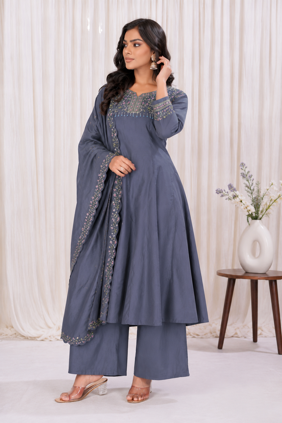 Steel Blue Roman Silk Embroidered Anarkali Suit Set