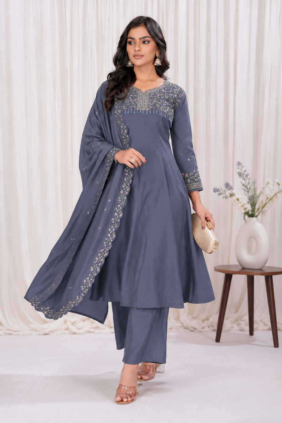 Steel Blue Roman Silk Embroidered Anarkali Suit Set