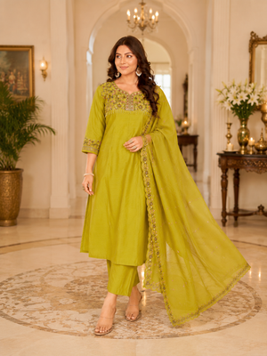 Mustard Yellow Roman Silk Embroidered Kurta Pant Set