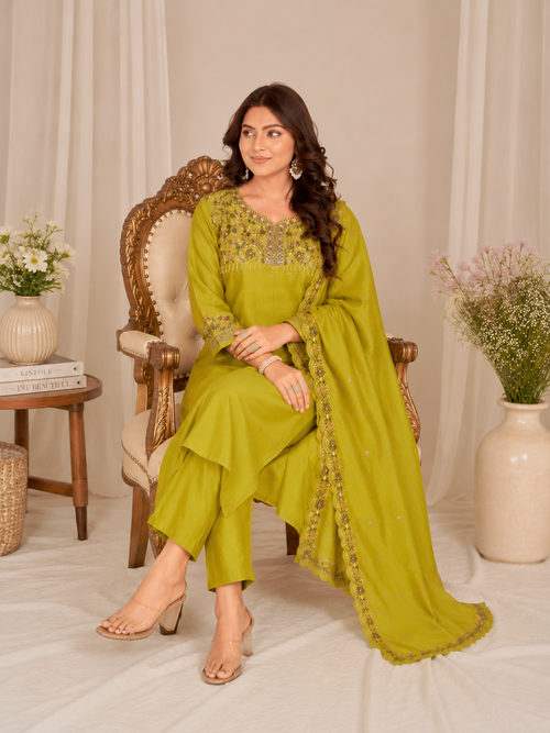 Mustard Yellow Roman Silk Embroidered Kurta Pant Set