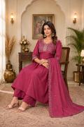 Magenta Pink Roman Silk Embroidered Anarkali Suit Set