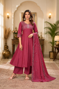 Magenta Pink Roman Silk Embroidered Anarkali Suit Set