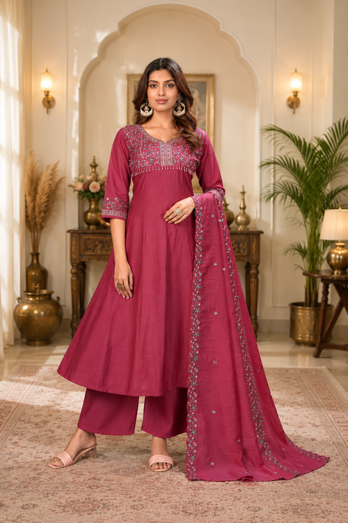 Magenta Pink Roman Silk Embroidered Anarkali Suit Set