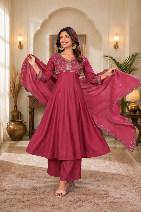 Magenta Pink Roman Silk Embroidered Anarkali Suit Set