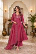 Magenta Pink Roman Silk Embroidered Anarkali Suit Set
