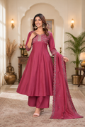Magenta Pink Roman Silk Embroidered Anarkali Suit Set