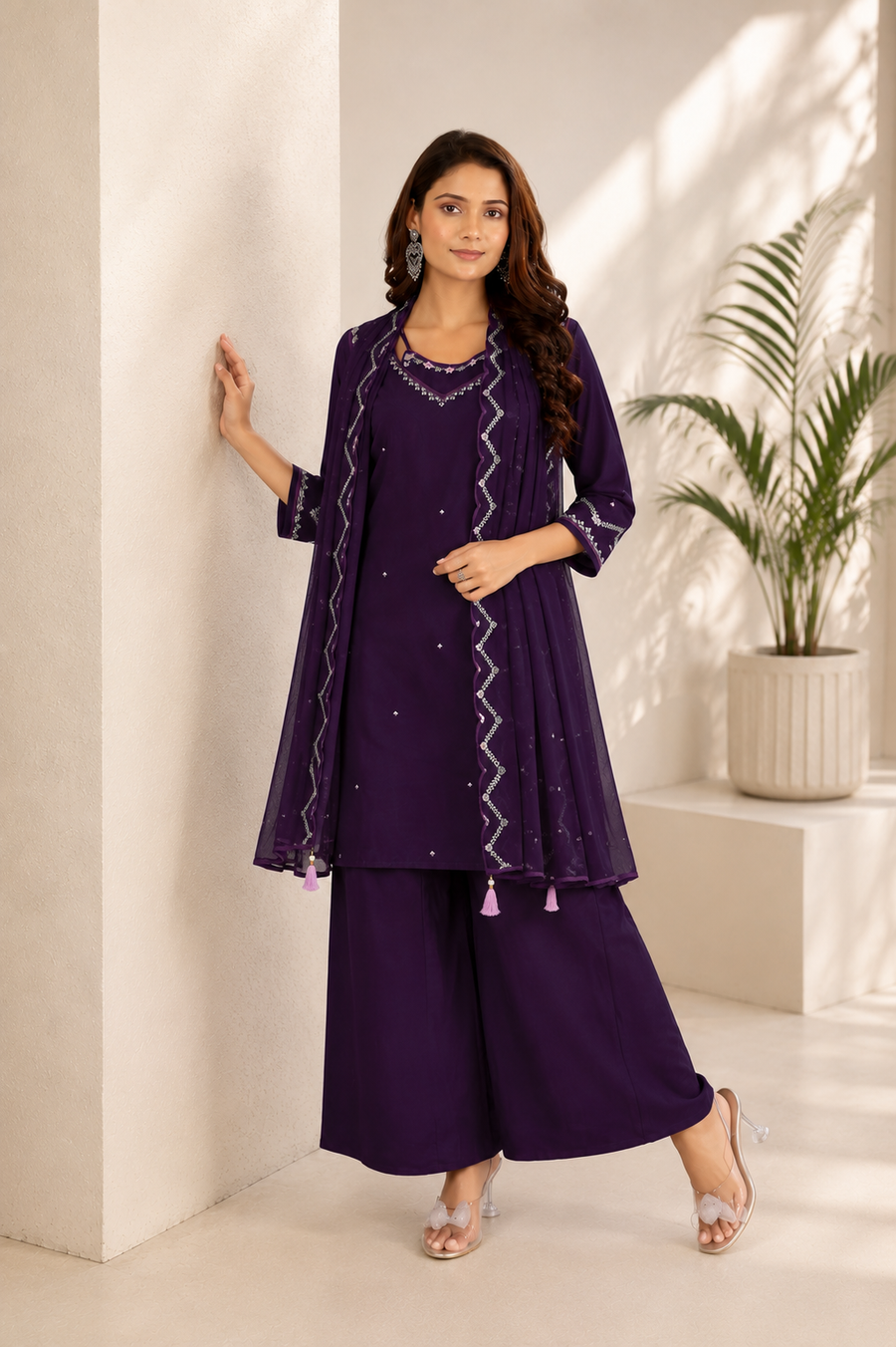 Deep Indigo Violet Gaji Silk Palazzo Suit Set
