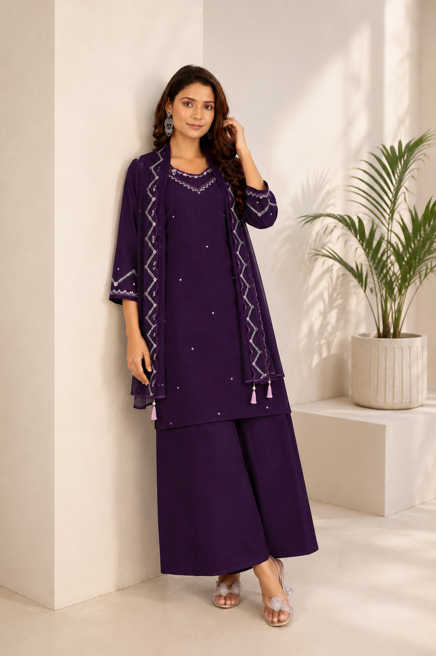 Deep Indigo Violet Gaji Silk Palazzo Suit Set
