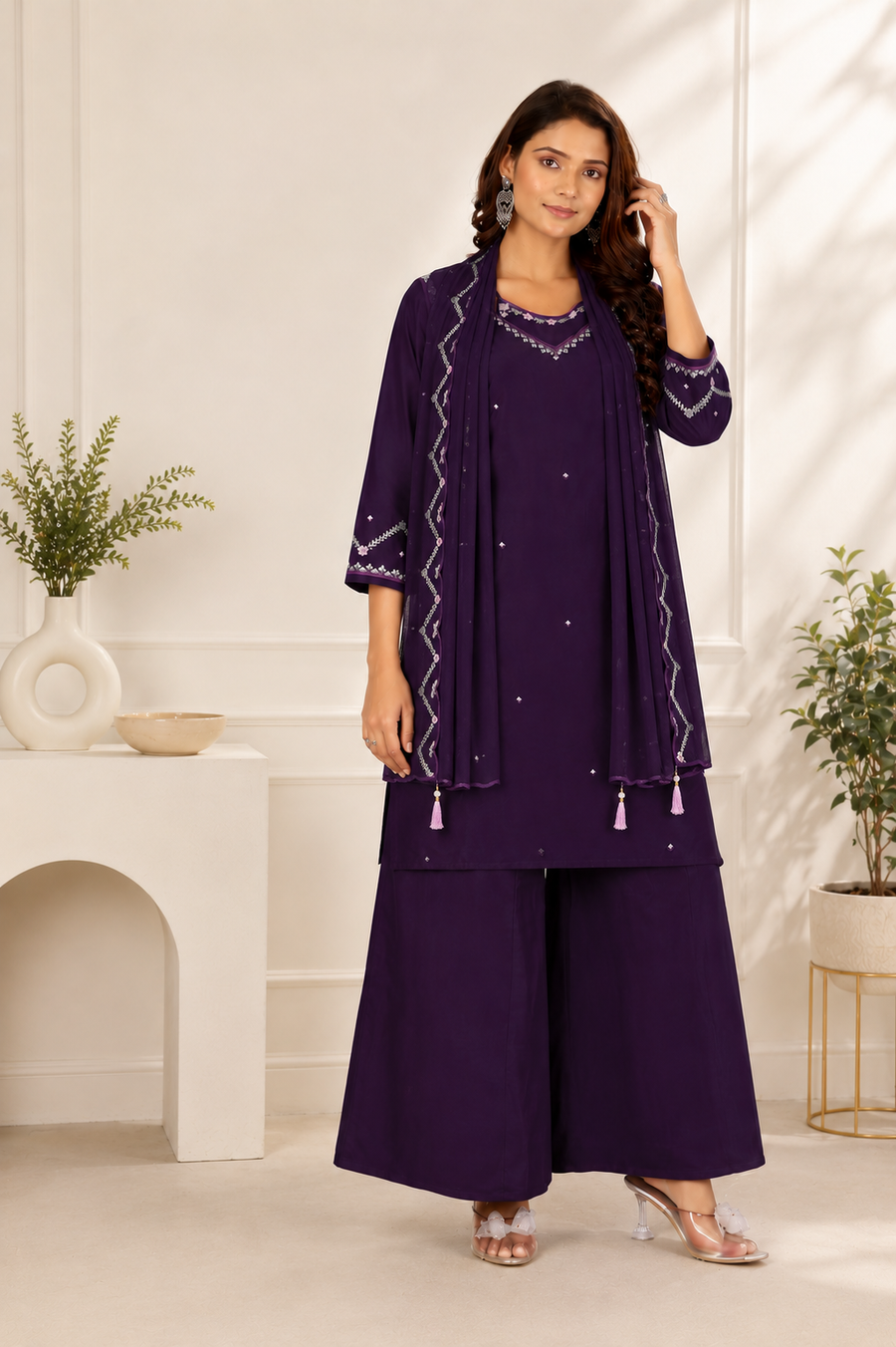 Deep Indigo Violet Gaji Silk Palazzo Suit Set