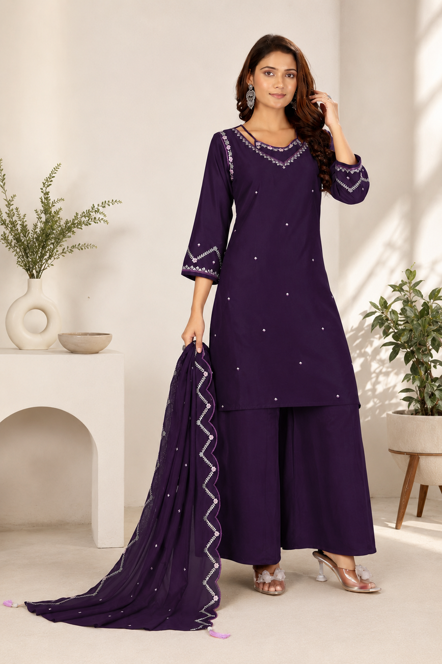 Deep Indigo Violet Gaji Silk Palazzo Suit Set