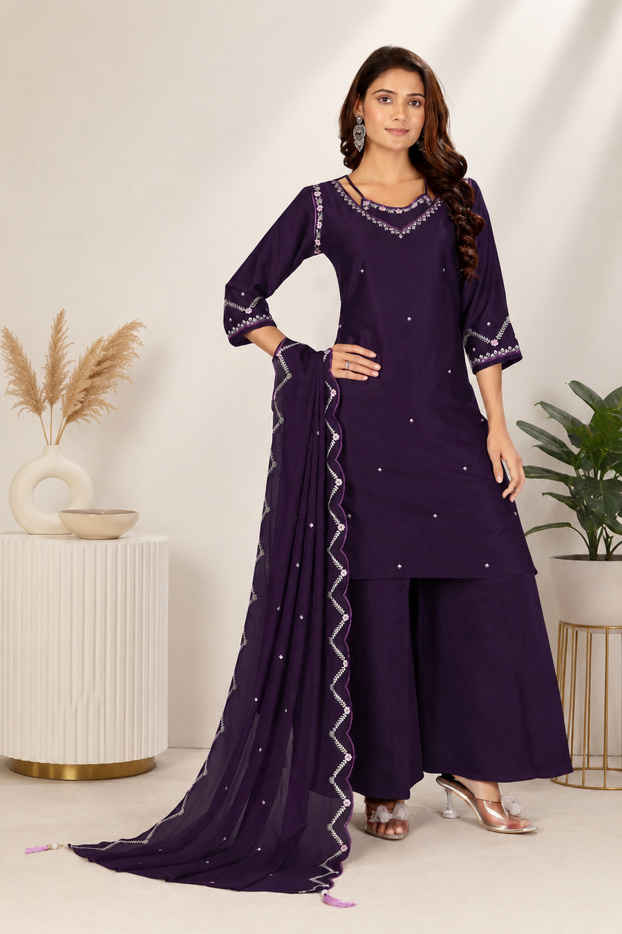 Deep Indigo Violet Gaji Silk Palazzo Suit Set