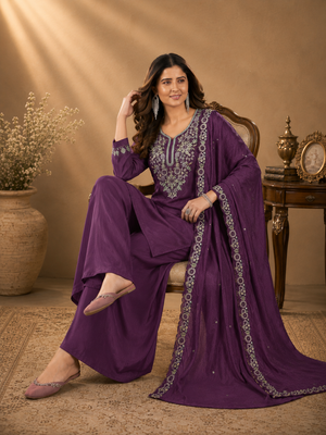 Grape Purple Pure Natural Crepe Sharara Suit Set