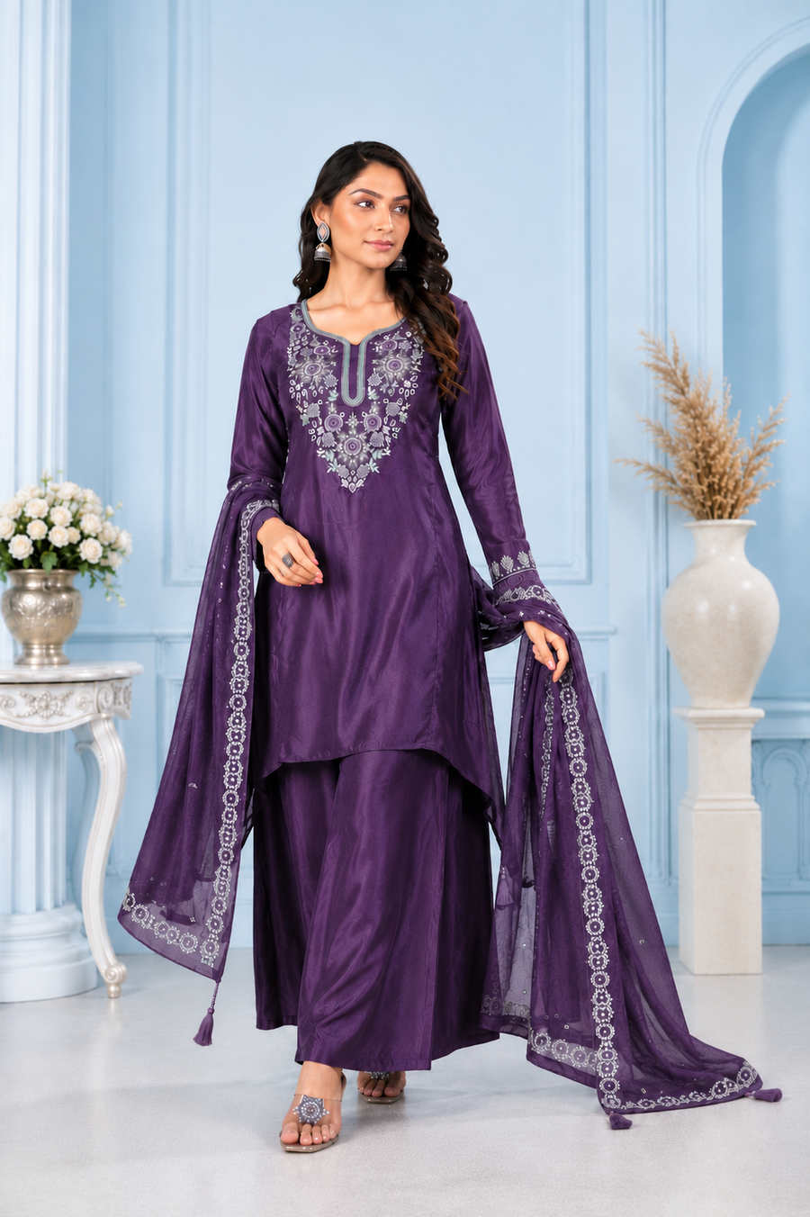 Deep Purple Pure Natural Crepe Sharara Suit Set