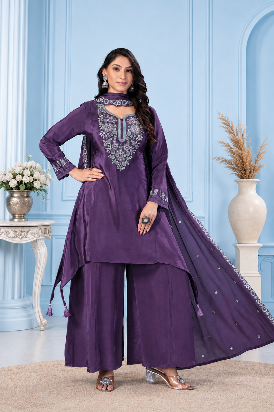 Deep Purple Pure Natural Crepe Sharara Suit Set