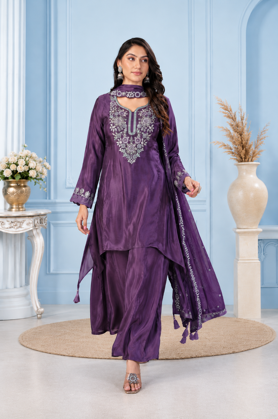 Deep Purple Pure Natural Crepe Sharara Suit Set