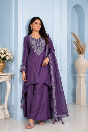 Deep Purple Pure Natural Crepe Sharara Suit Set