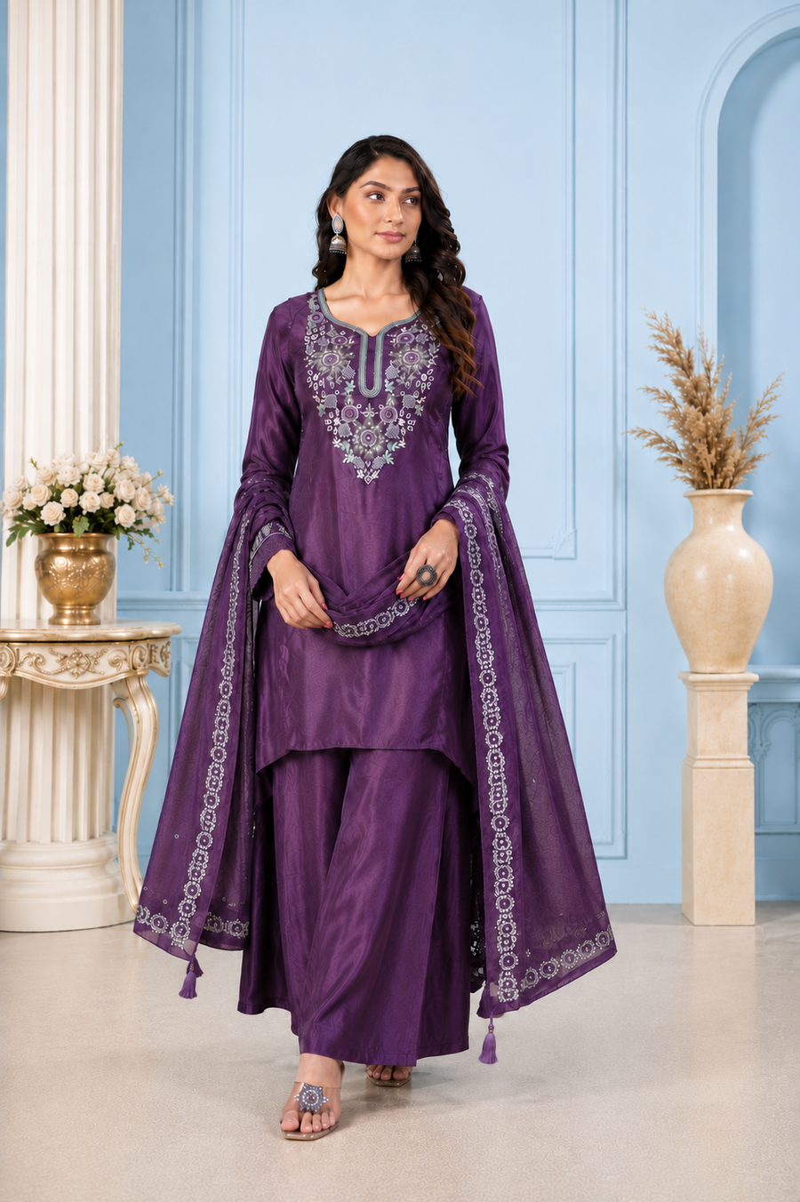 Deep Purple Pure Natural Crepe Sharara Suit Set