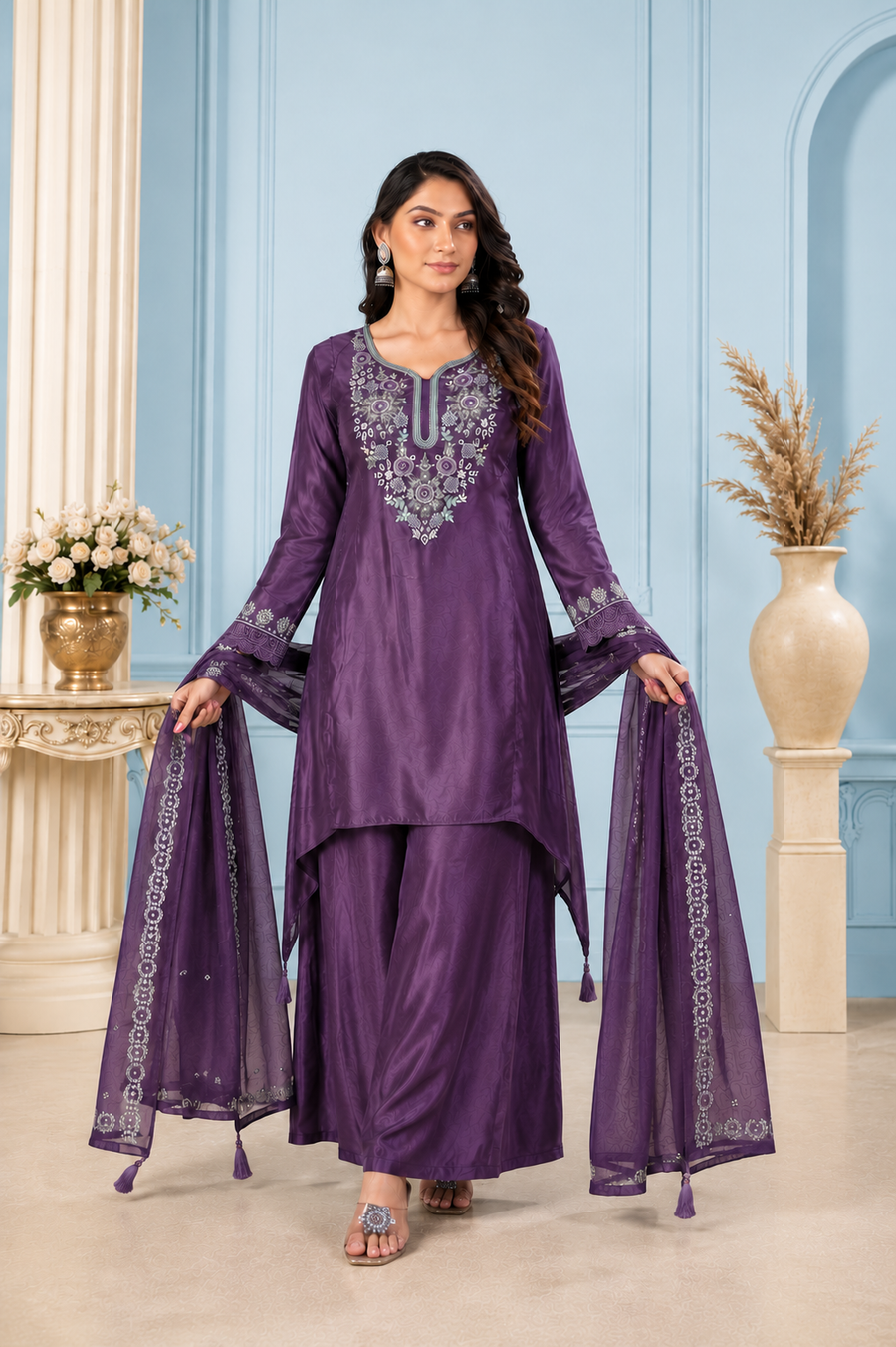 Deep Purple Pure Natural Crepe Sharara Suit Set