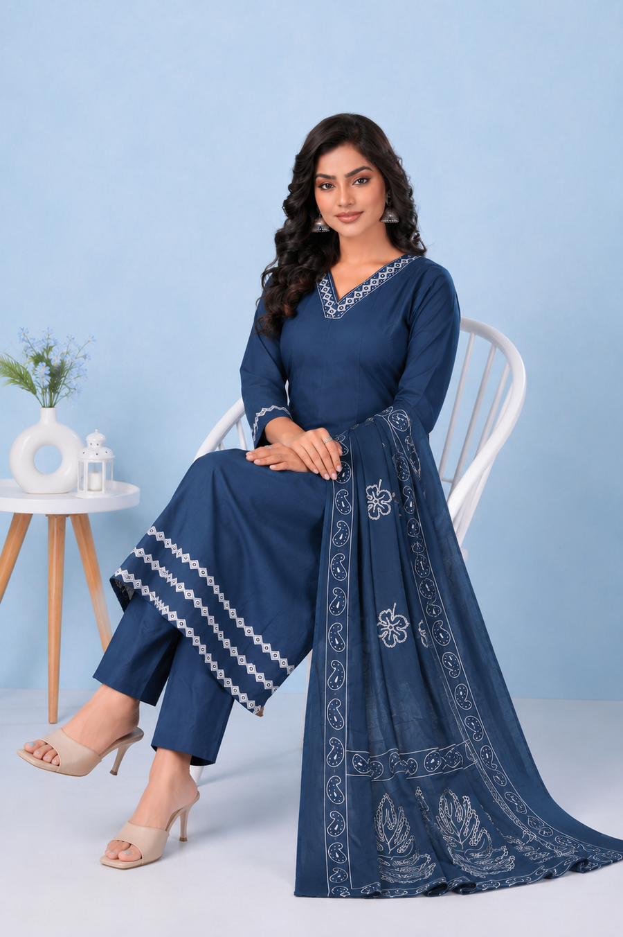 Blue Elegance Embroidered Cambric Soft Cotton Suit Set