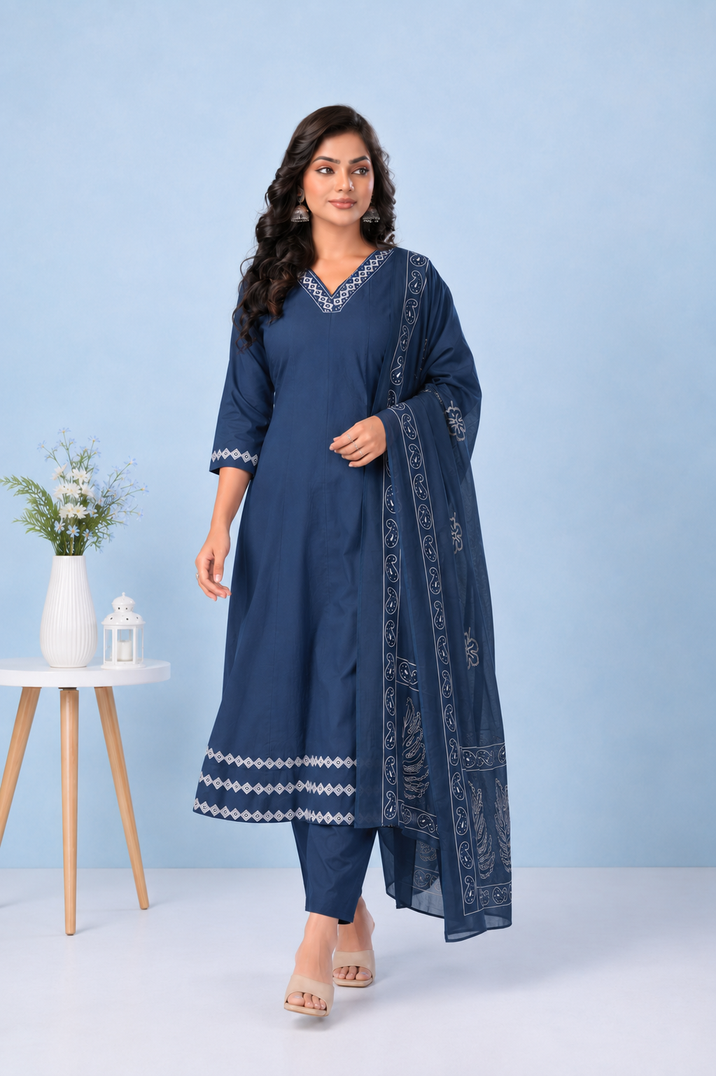 Blue Elegance Embroidered Cambric Soft Cotton Suit Set