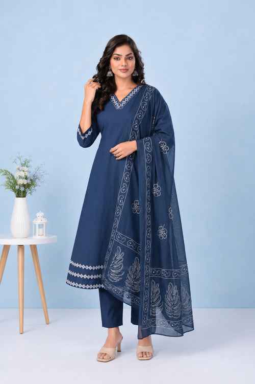 Blue Elegance Embroidered Cambric Soft Cotton Suit Set