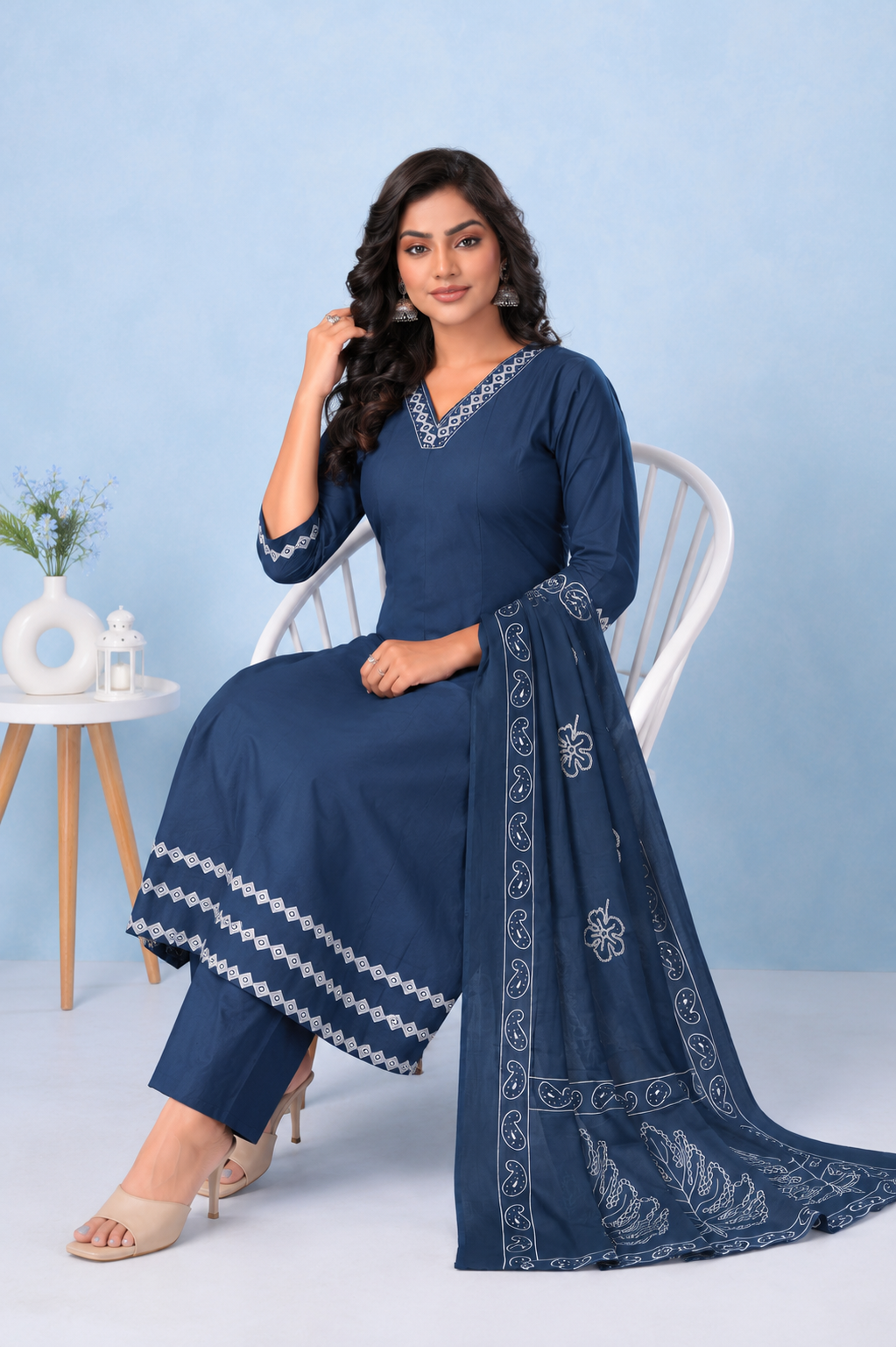Blue Elegance Embroidered Cambric Soft Cotton Suit Set