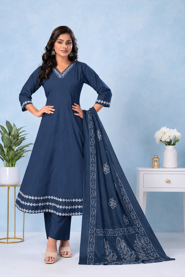 Blue Elegance Embroidered Cambric Soft Cotton Suit Set