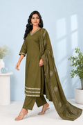 Olive Green Embroidered Cambric Soft Cotton Suit Set