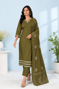 Olive Green Embroidered Cambric Soft Cotton Suit Set