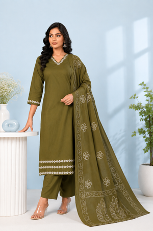 Olive Green Embroidered Cambric Soft Cotton Suit Set