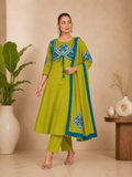 Lime Green & Teal Blue Printed Mal Cotton Anarkali Suit Set